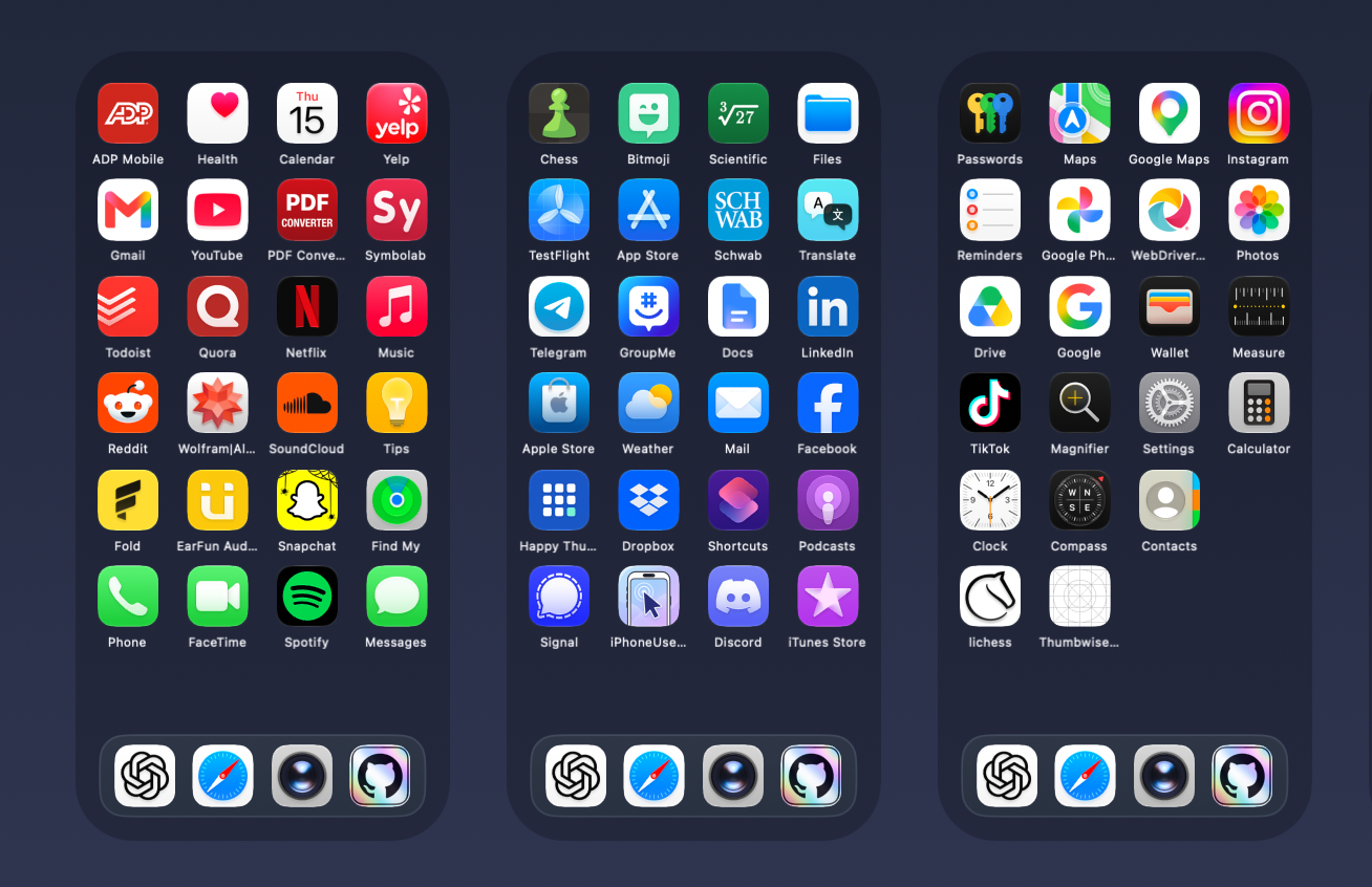 Three iPhone Home Screen layouts with apps grouped by color: warm reds and yellows on the left, green, blue and purple in the middle, and multicolor and neutral icons on the right. Each screen has its own Dock.