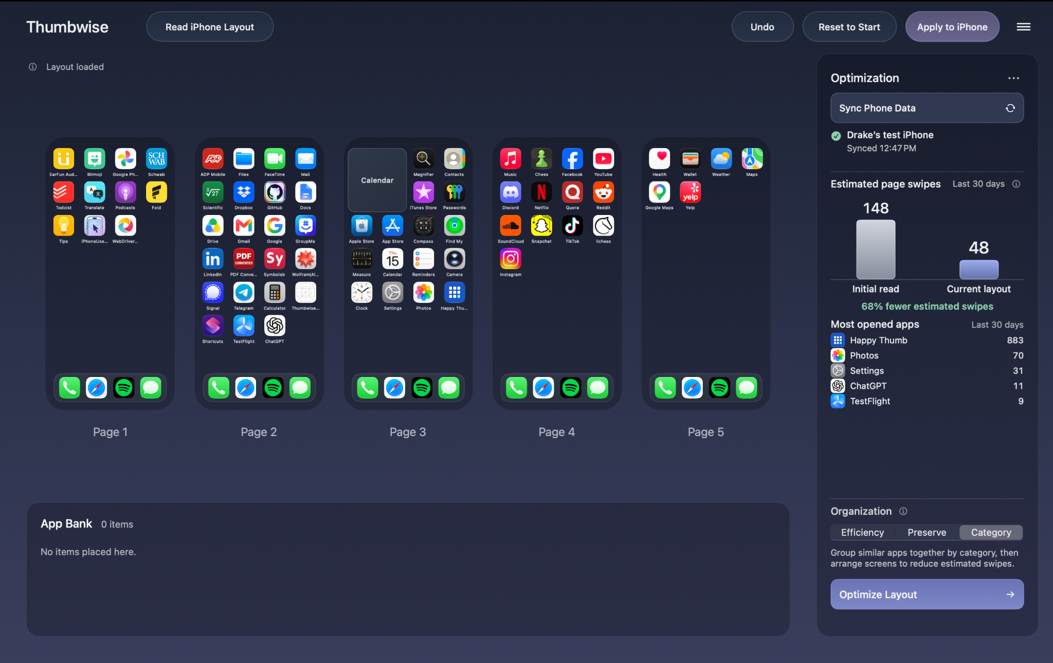 Thumbwise on Mac showing five iPhone Home Screen pages, an App Bank and an Optimization panel.
